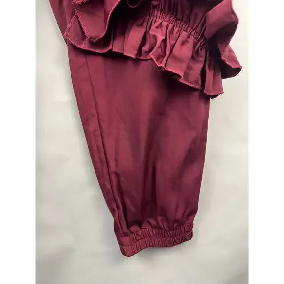ASOS Ruffle Tapered Pants, Wine Red, 100% Polyester, Statement Joggers Lounge - Picture 6 of 13
